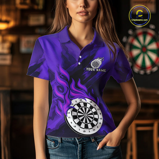 Custom Purple Flaming White Dartboard Dart Polo Shirt For Women Outfits Dart Jerseys NYN1610