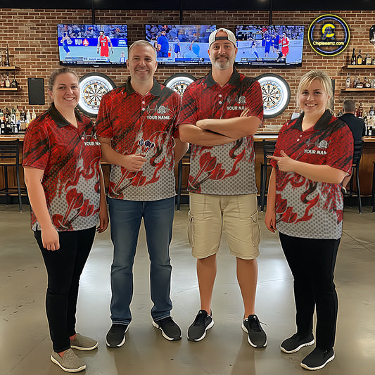 Custom Grunge Red And Grey Halftone Women Darts Quarter-Zip Team Shirt Dart League Jerseys NYN2178