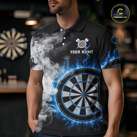 Custom White Smokes Blue Flames Dartboard Dart Men Polo Jerseys Dart Team Shirt NYN1668