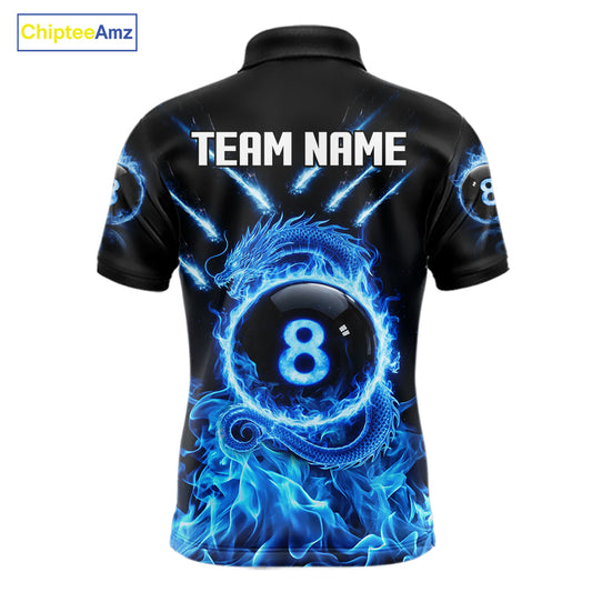Blue Flaming Dragon Pool 8 Ball Men Billiard Team Shirt Custom Billiard Polo & 1/4-Zip Attire NYN2497
