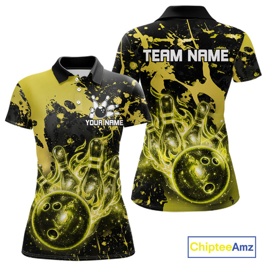Black and Yellow Splatter Galaxy women's bowling polo shirt custom bowling team uniform, tournament bowling jersey