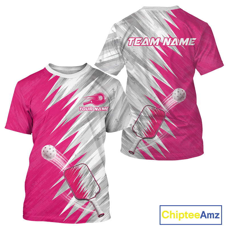 Custom Pink And Grey Strike Men's Pickleball T-Shirt Pickleball Jersey For Pickleball Lovers NYN4107