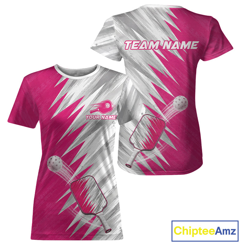 Custom Pink And Grey Strike Womens Pickleball T-Shirt Pickleball Jersey For Pickleball Lovers NYN4107