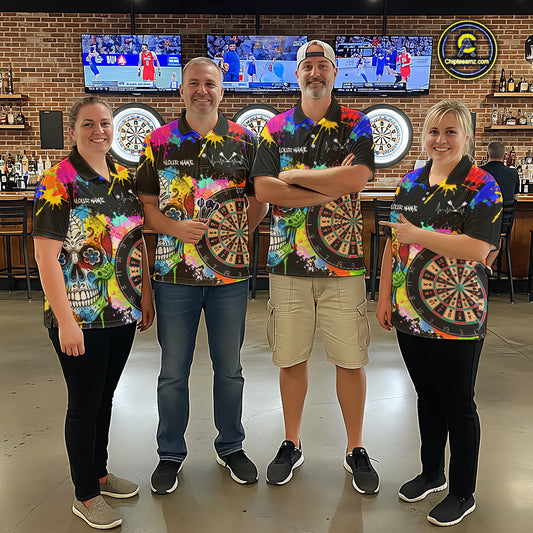 Custom Colorful Splatter Skull Dartboard Men Darts Quarter-Zip Team Shirts Dart Jerseys | Black NYN2212