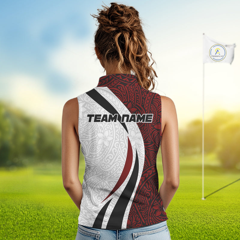 Women's model wearing Tribal Pattern Golf Polo Shirt, modern tribal golf fashion, custom golf team clothing, performance golf apparel, golf lifestyle outfit.