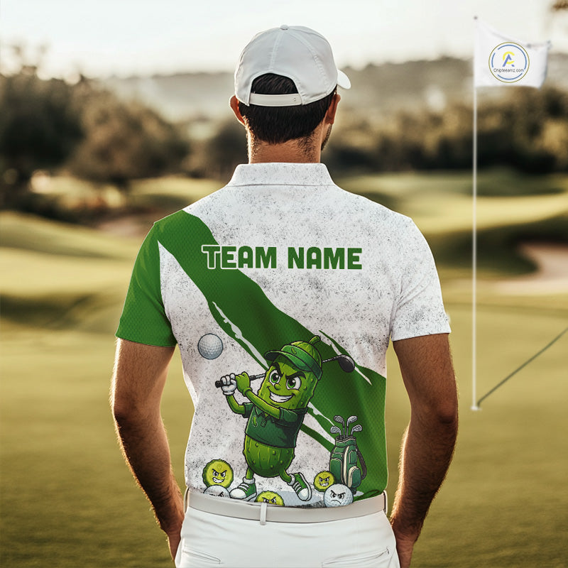 Funny Pickle Mens Golf Polo Team Shirt Custom Green And White Grunge Clothing Golf Tops NYN3261