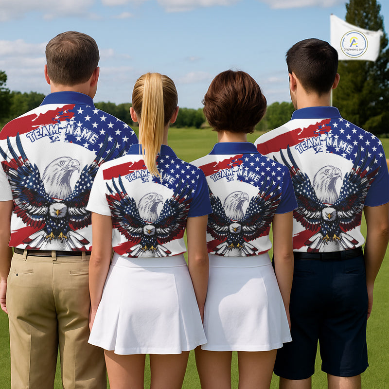 Golf team wearing matching US Flag Eagle Golf Polo Shirts, personalized golf club uniforms, patriotic golf tournament apparel, Memorial Day golf outing shirts, Independence Day golf jerseys, team spirit performance polos.