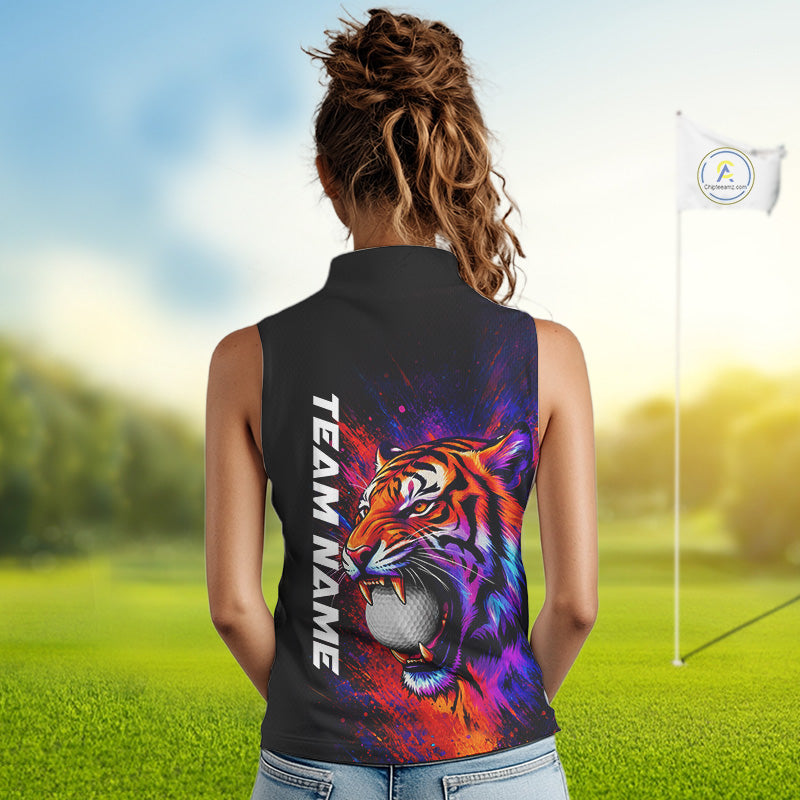 Female golfer wearing colorful tiger golf polo shirt, artistic splatter golf apparel, ladies golf outfit