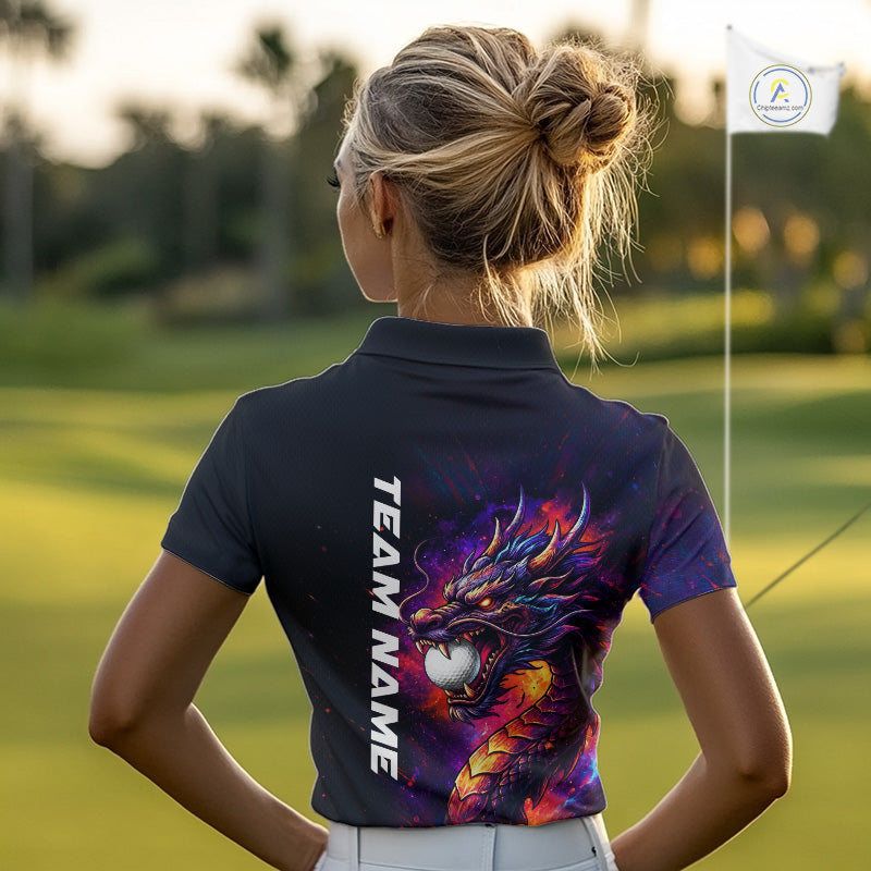 Female golfer wearing colorful dragon golf polo shirt, custom golf attire, women's golf tournament apparel