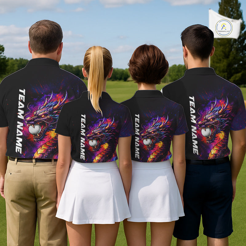 Men's golf team wearing matching colorful dragon golf polo shirts, golf league uniforms, custom golf apparel