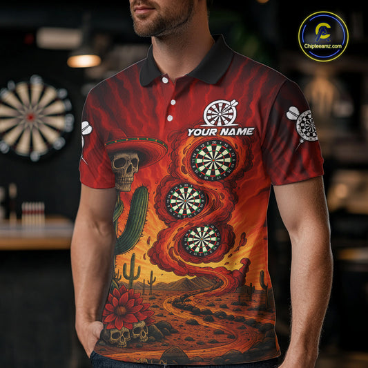 Custom Cactus Sombrero Skull Smoke Flames Dartboard Men Polo Dart Shirt Dart Gifts NYN2030