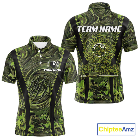 Green Camo 8 Ball Billiard Polo & 1/4 Zip Shirt For Men Custom Pool Team Shirt, Billiard Clothes NYN2941