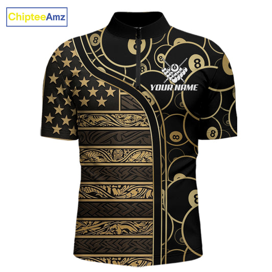 Black & Gold Tribal 8 Ball Pool Shirts Custom Men Billiard Polo & 1/4 Zip Shirt Billiard Team Jerseys NYN2970
