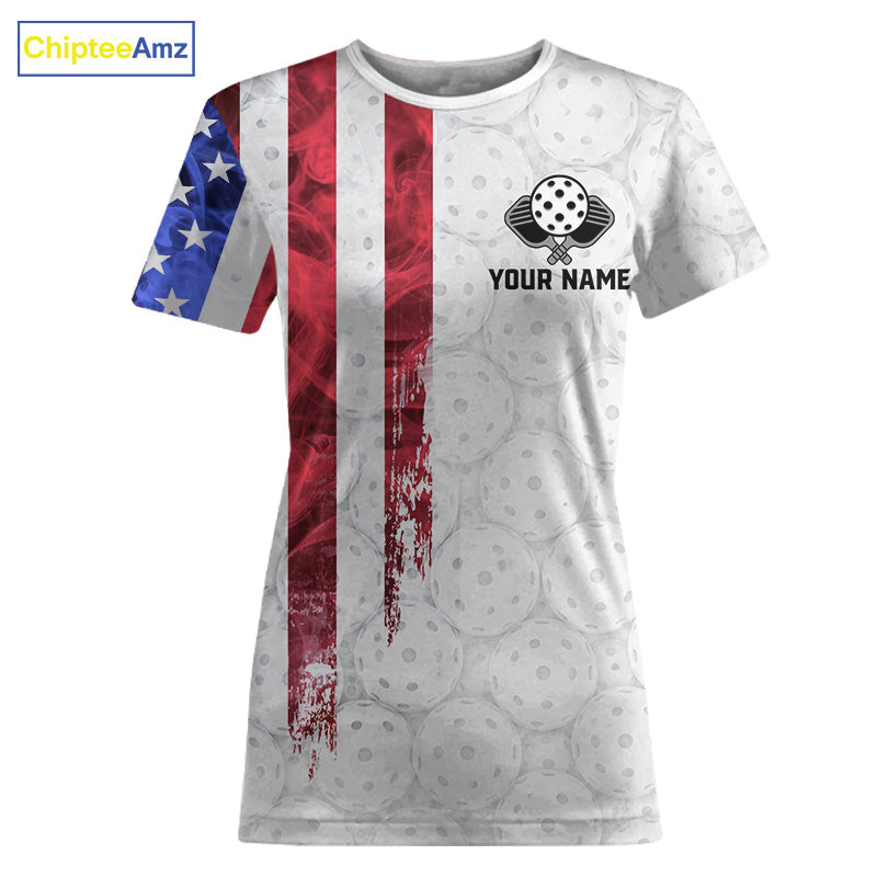 Custom American flag patriotic pickleball tshirt for women colorful splatter pickleball jersey white