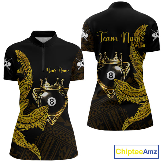 Gold 8 Ball Crown Women's Billiard Polo & 1/4 Zip Shirt Custom Tribal Billiard Attire Gifts NYN2345