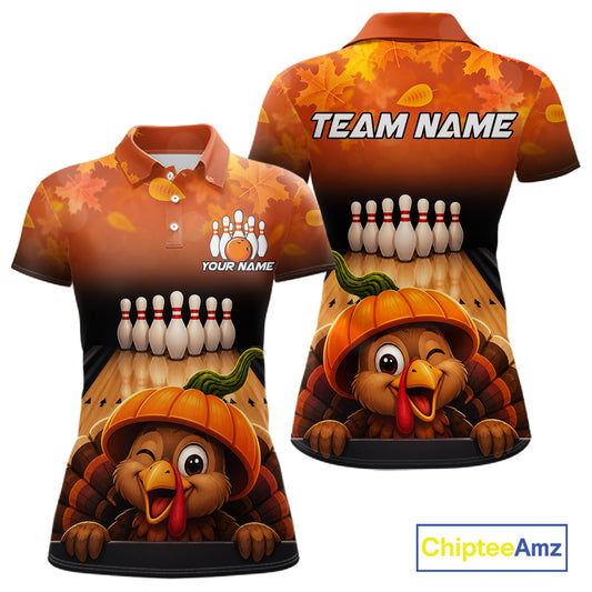 Personalized Funny Turkey Autumn Bowling Shirts For Women Thanksgiving Bowling Team Polo 1/4-Zip Shirt NYN3931