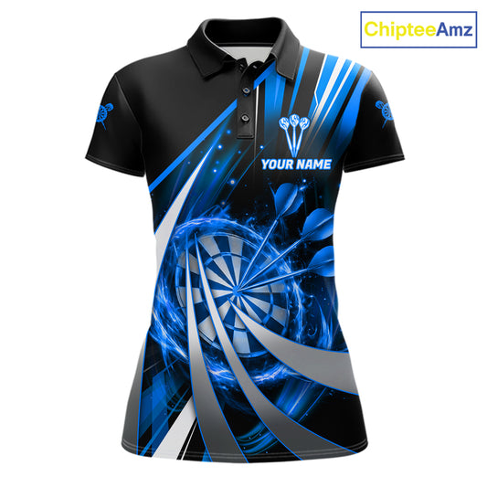 Custom Blue Flaming Dartboard & Arrow Women Darts Polo & 1/4-Zip Shirts Dart Team Jerseys NYN2799