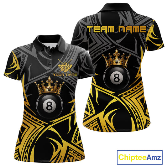Gold Tribal Crown women's 8 Ball billiard polo featuring luxurious crown artwork, elegant tribal patterns, personalized pool tournament jersey, custom cue sports apparel, APA league performance uniform, premium billiard team shirt