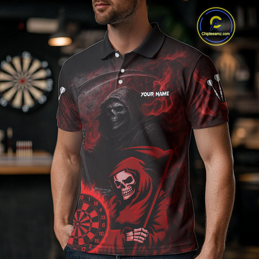 Custom Red Smokes Flame Dartboard Grim Reaper Dart Men Polo Jerseys Dart Team Shirt NYN1656