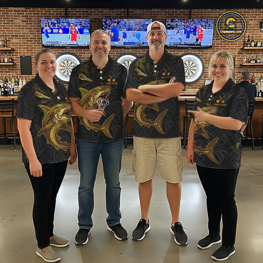 Personalized Black & Gold Funny Shark Tribal Dart Quarter-Zip Shirts Men Dart Team Jerseys NYN2186
