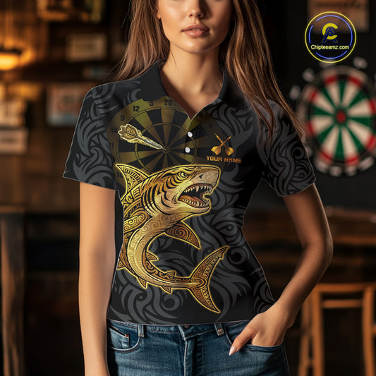 Personalized Black & Gold Funny Shark Tribal Dart Polo Shirts Women Dart Team Jerseys NYN2186