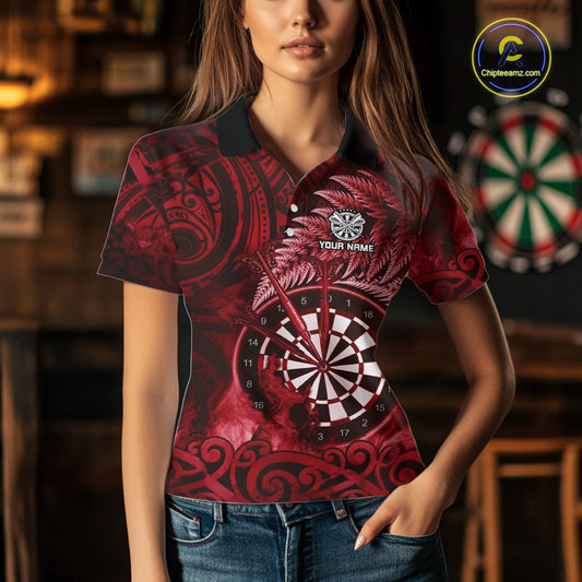 Personalized Fern Leaves Red Fire Tribal Dart Polo Shirts For Women Dart Team Jerseys NYN2192