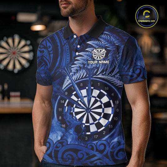 Personalized Fern Leaves Blue Fire Tribal Dart Polo Shirts For Men Dart Team Jerseys NYN2193