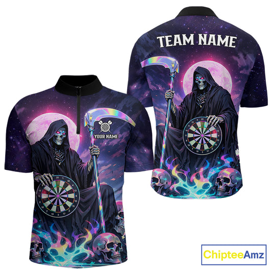 Galaxy Holographic Grim Reaper Dartboard Skull Dart 1/4-Zip Shirts For Men Custom Name For Dart Players NYN2686