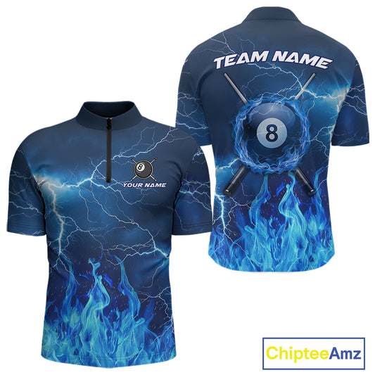 Thunder Blue Flames 8 Ball Pool Billiard Shirt For Men Custom Polo & 1/4 Zip Team Tournament Jersey NYN3782
