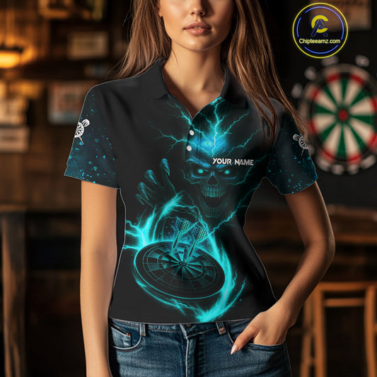 Custom Lightning Dartboard Turquoise Skull Dart Women Polo Jerseys Dart Tournament Shirt NYN1672