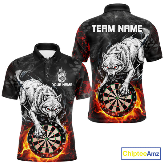 Fire Flame Funny Wolf Darts Polo & 1/4 Zip For Men Personalized Grunge Dart Team Shirts | Red NYN3236