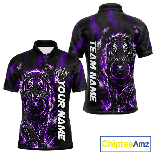 Fire Flame Tiger Purple Claws men's bowling polo shirt custom bowling team uniform, personalized bowling jersey