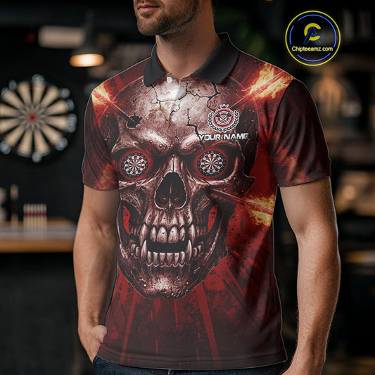 Custom Red Flames Dart Arrow Cracked Skull Men Darts Polo Shirt Grunge Dart Gifts NYN1989
