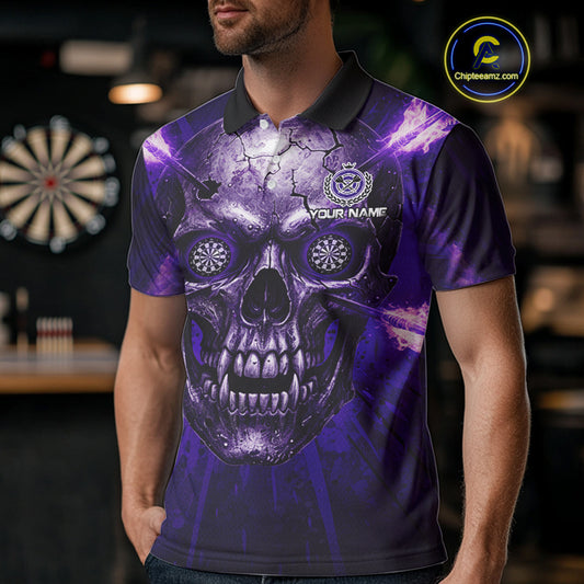 Custom Purple Flames Dart Arrow Cracked Skull Men Darts Polo Shirt Grunge Dart Gifts NYN1990