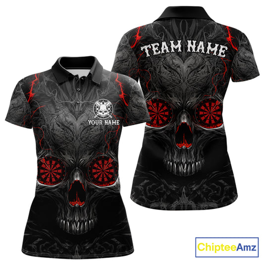 Black Red Skull Dartboard women's darts polo shirt, custom skull dart jersey, personalized dart team apparel, tournament dart uniform