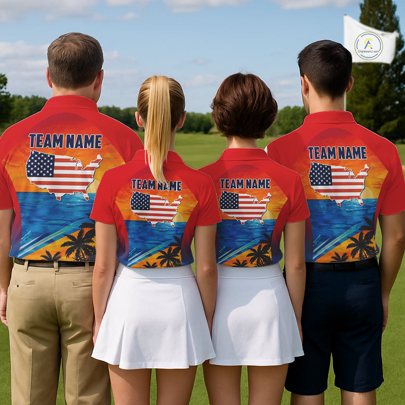 Men women golf team wearing matching palm trees ocean golf polo shirts, summer golf uniforms, golf outing apparel