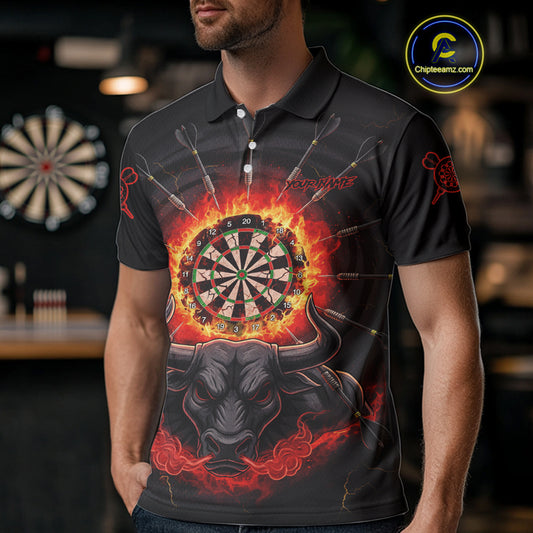 Funny Bull Red Flames Dartboard Dart Arrow Custom Men Polo Darts Shirt Dart Gifts NYN2016