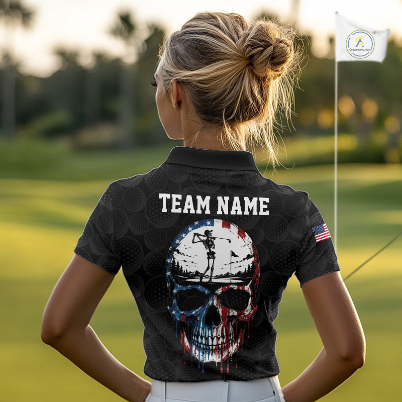 Womens US Flag Golf Polo Shirts Custom Black Golf Ball Pattern American Skull Golf Team Outfits NYN3327
