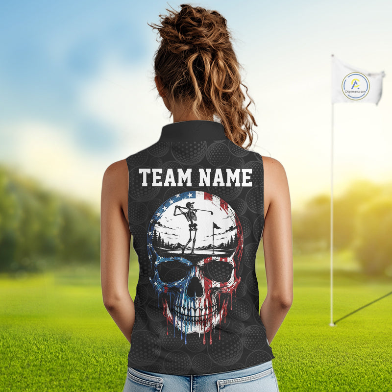 Womens US Flag Golf Polo Shirts Custom Black Golf Ball Pattern American Skull Golf Team Outfits NYN3327