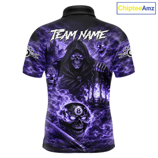 Fire Flames Purple Grim Reaper Skull 8 Ball Pool Men Billiard Shirt Personalized Billiard Team Names NYN2736