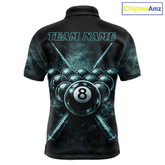 Custom Teal Smoke Grunge Skull Pool 8 Ball Men Billiard Shirt Personalized Ball Billiard Attire NYN2592