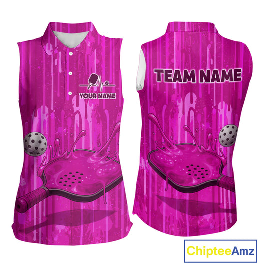 Custom Pink Dripping Pickleball Paddle & Ball Sleeveless Polo Shirts Women Splashed Colorful Pickleball Shirt NYN2785