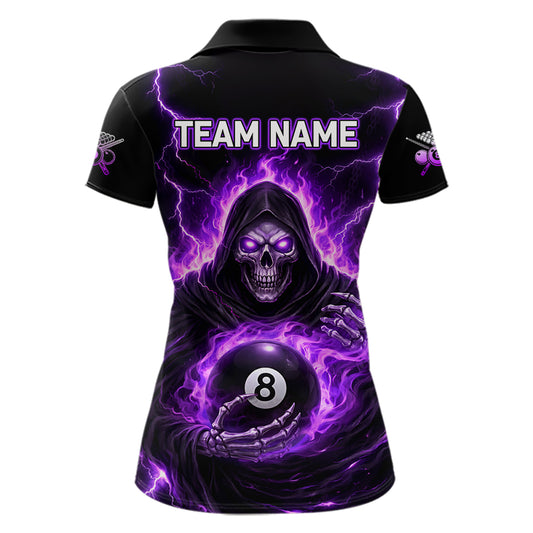 Fire Flame Grim Reaper Holding 8 Ball Pool Women Polo & 1/4-Zip Shirt Personalized Billiard Gifts NYN2434