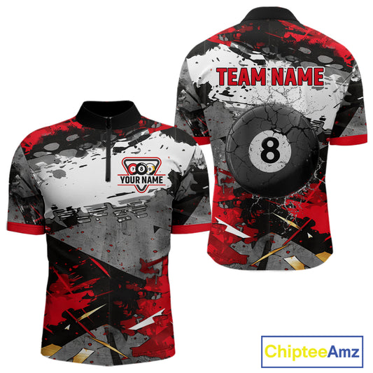 Black, White And Red Grunge Paint Billiard Pool Shirts For Men Custom 8 Ball Billiard Team Attire NYN3019