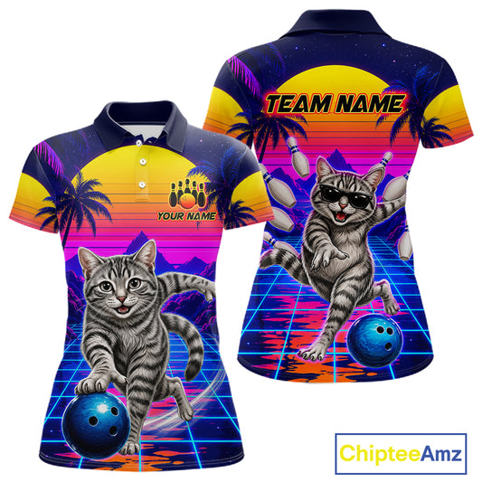 Funny cat bowling polo shirt for women personalized bowling jersey mockup