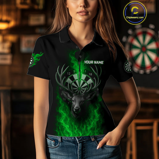 Custom Green Flames Dartboard Deer Funny Dart Women Polo Shirt Dart Team Jerseys NYN1634