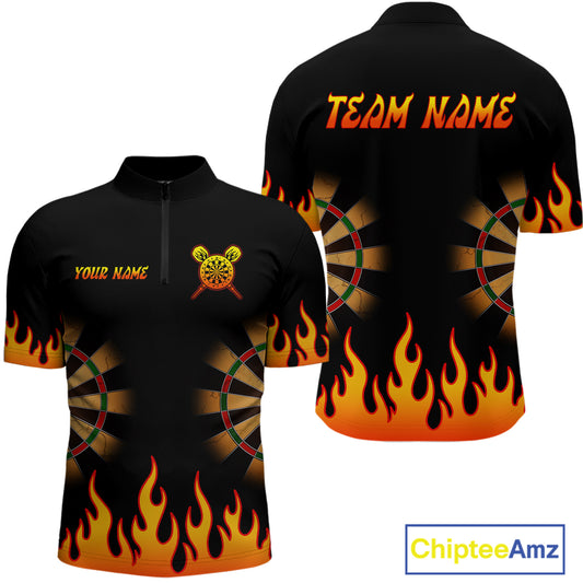 Men's Personalized Darts Shirt With Black Flame Pattern And Fiery Dartboard NYN0265