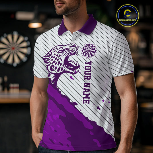 Personalized White And Purple Striped Leopard Darts Polo Shirts For Men Dart Team Jerseys NYN2199