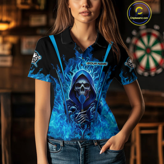Personalized Blue Flaming Grim Reaper Women Darts Polo League Shirts Outfits Dart Jerseys NYN2208