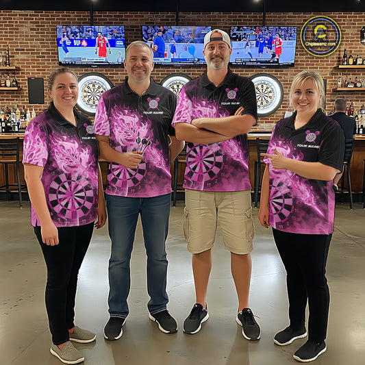 Custom Smoke Pink Fire Flaming Dart Arrow Women Darts Quarter-Zip League Shirts Dart Team Jerseys NYN2213